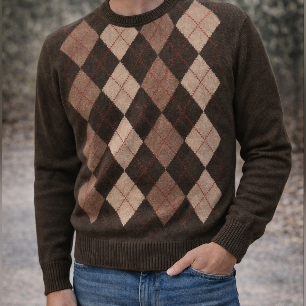 Vintage Wood & Gray Argyle Sweater Men’s Size Large  Brown‎ Tan Retro Y2k